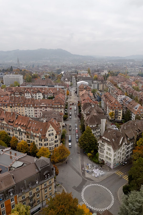 Aerial view of Bern showing residential districts and urban construction sites – an example of sustainable city development within Bern’s Sponge City concept.